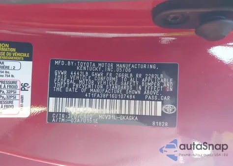 2006 Toyota Camry Solara Sle z USA, uszkodzony, nr VIN 4T1FA38P16U107484